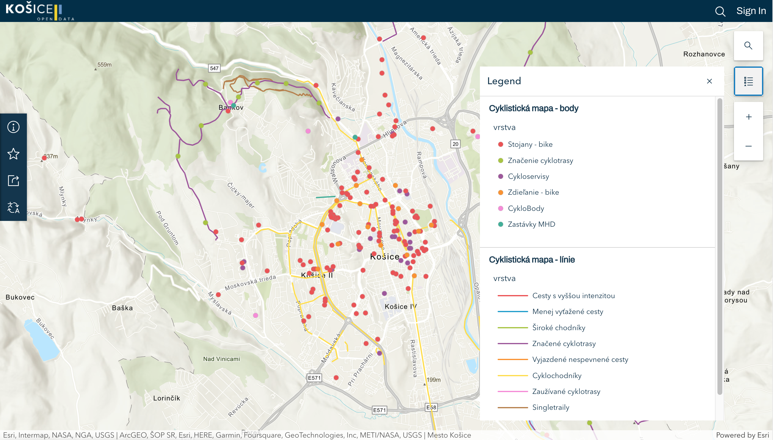 Map of cycling network and infrastructure in Kosice, source: Open Data Kosice