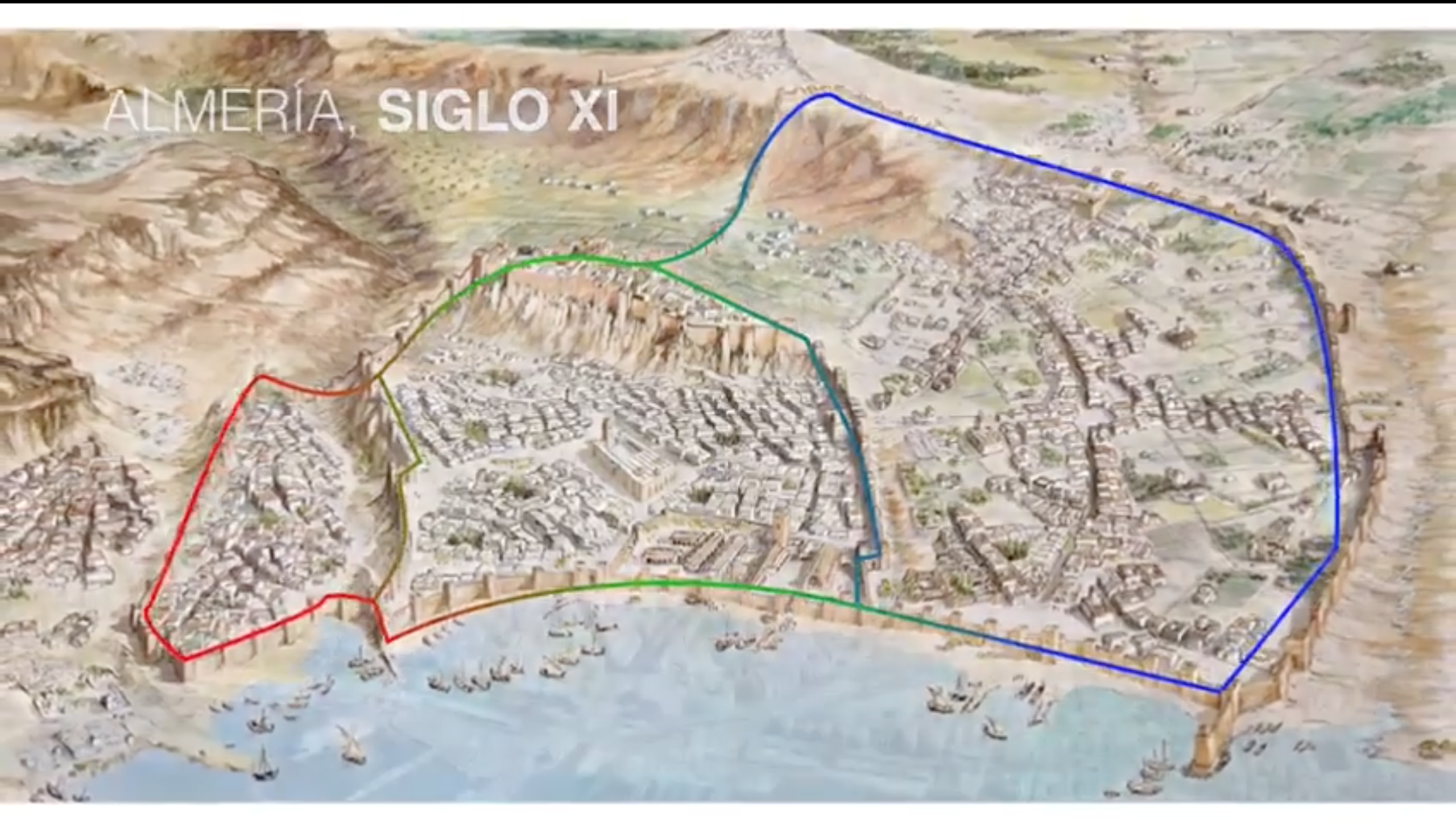 Almería, XI secle, the walls divided the three neighbourhoods – La Chanca, Almedina and the Centre source: screenshot from the promotional video “CAMINA”