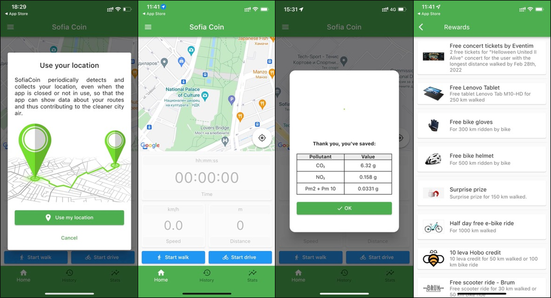Figure 3: Dashboard of the Sofia Coin mobile app developed by the INNOAIR project to incentivise the shift to active and soft mobility modes such as walking and cycling
