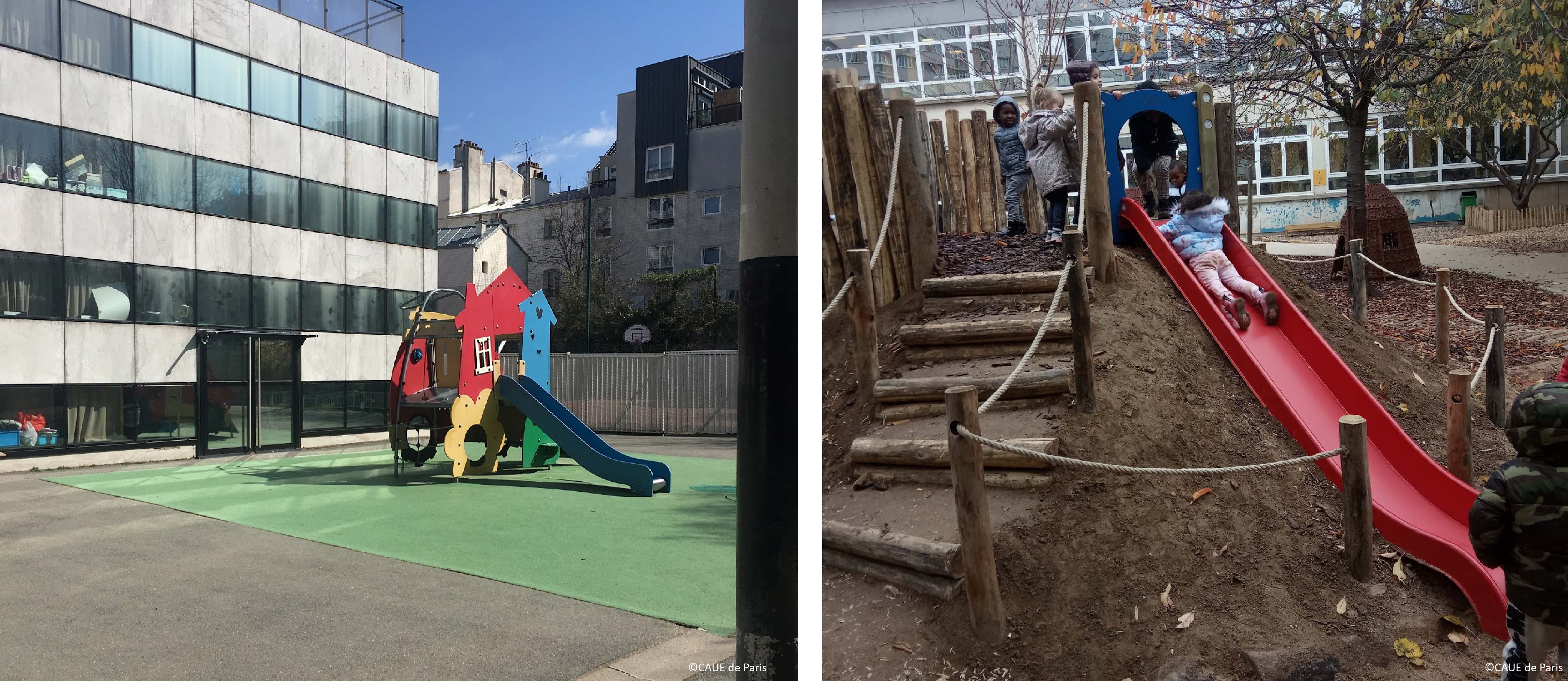 The schoolyard's playground area before and after the OASIS tranformation