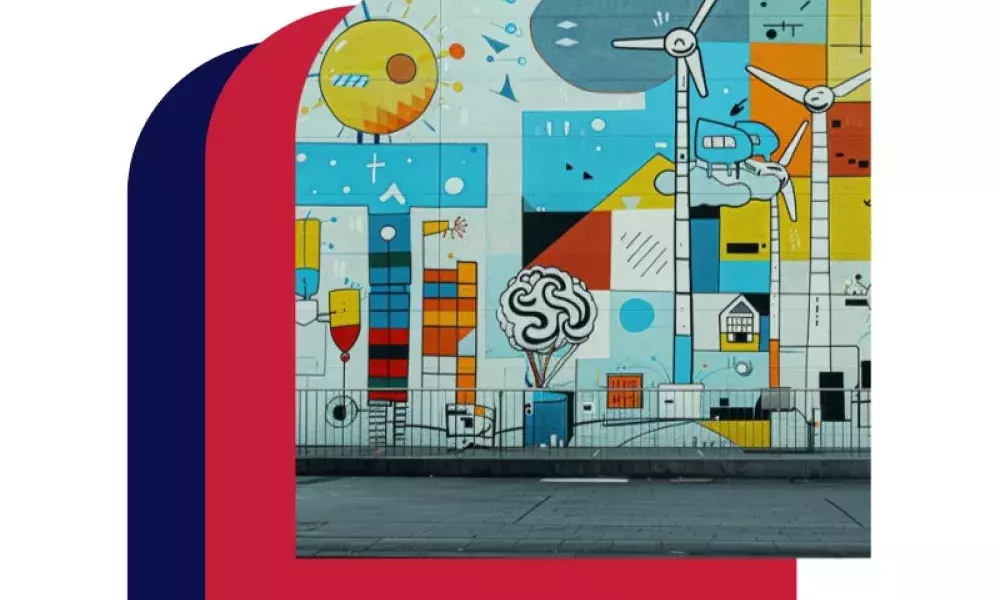Call3title-pic-EUIREADY.jpg Mural auf einer Wand von Windrädern und einer Stadt im kubistischen Stil