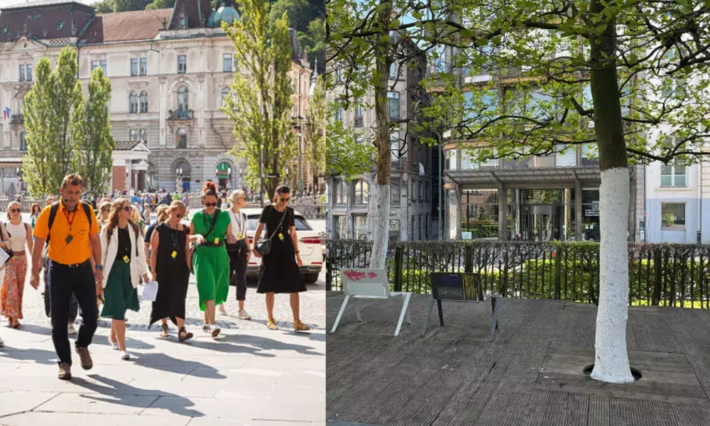 Eine Collage, die eine städtische Touristengruppe auf der linken und einen &quot;Urban Parc&quot; auf der rechten darstellt.