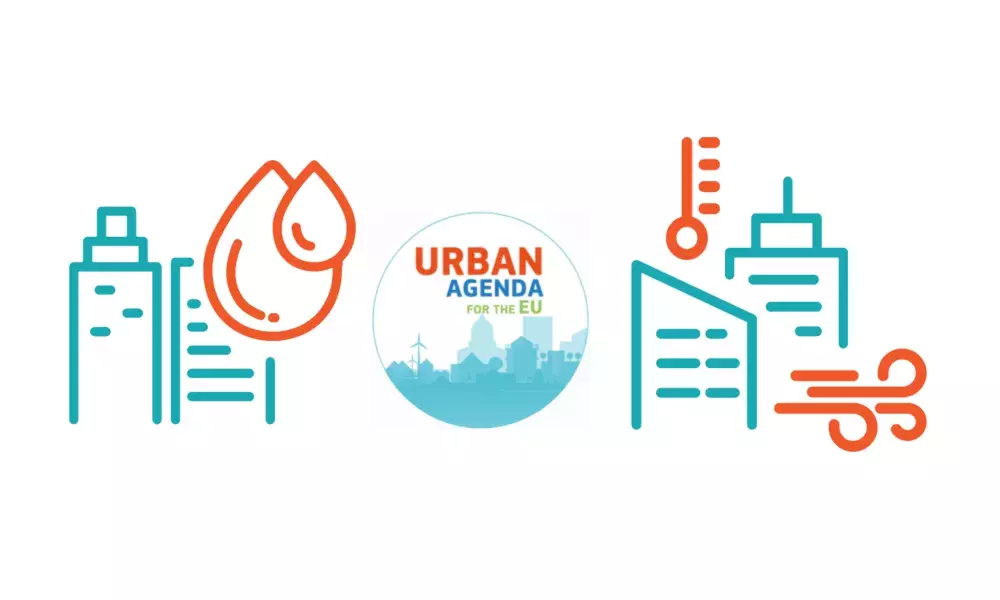 Screenshot 2024-07-01 155828.png Logo der Urbanen Agenda in der Mitte, links: Illustration zum Thema "wassersensible Stadt", recht: Illustration zum Thema "Dekarbonisierung von Gebäuden"