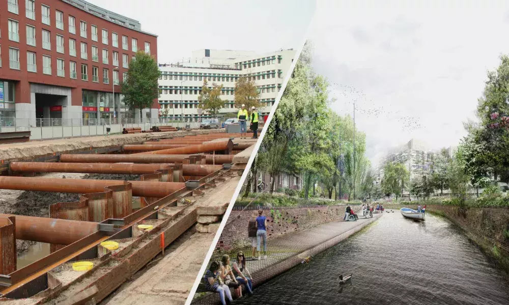 Left: construction work on the quays. right: visualisation of greened quays