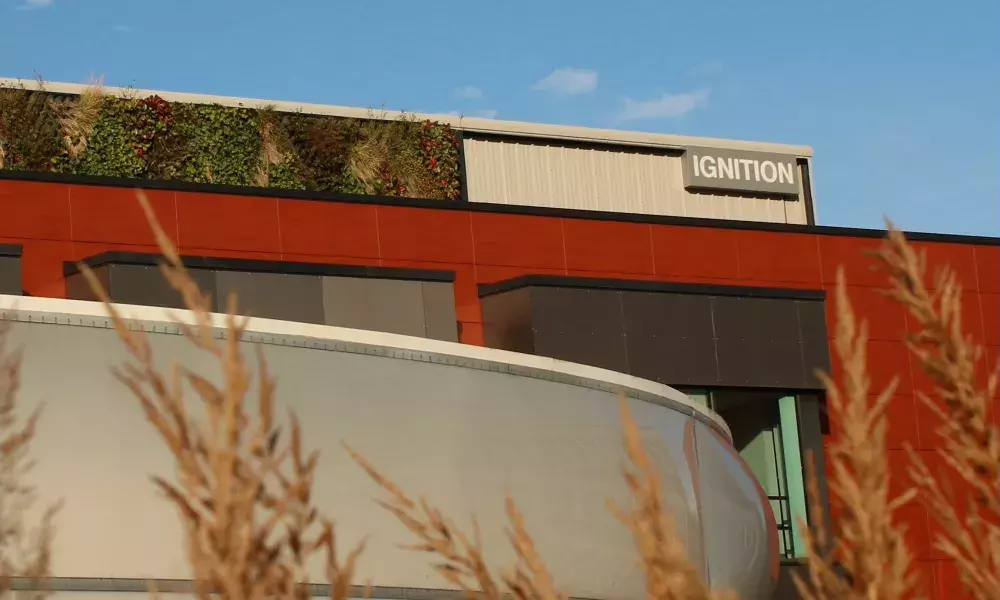 A green wall segment of the IGNITION Living Lab at the University of Salford. Image: Birgit Georgi IGNITION sign at a building at the University of Salford