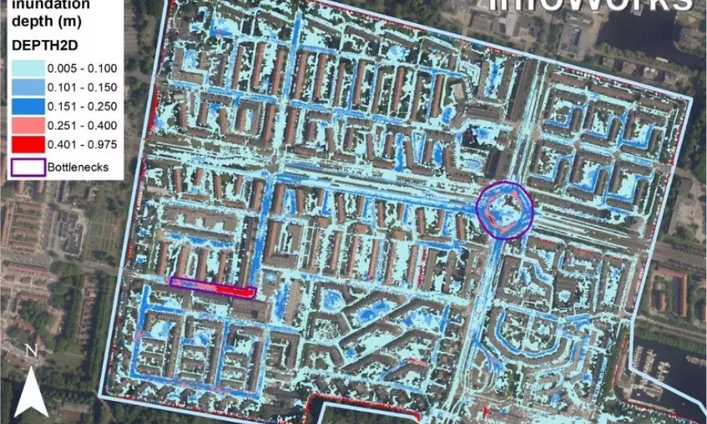 Inundation depths and bottleneck locations (in purple) during Rainproof event in Slotermeer