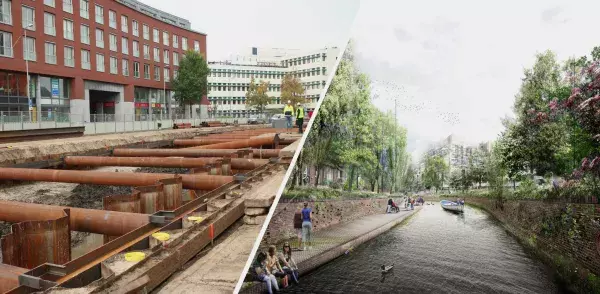 Left: construction work on the quays. right: visualisation of greened quays