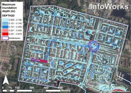 Inundation depths and bottleneck locations (in purple) during Rainproof event in Slotermeer