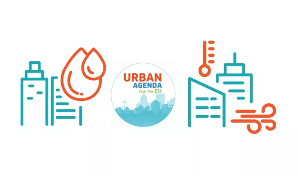 Logo der Urbanen Agenda in der Mitte, links: Illustration zum Thema &quot;wassersensible Stadt&quot;, recht: Illustration zum Thema &quot;Dekarbonisierung von Gebäuden&quot;