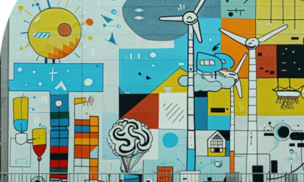 Bemalte Wand mit spielerischen Symbolen der nachhaltigen Stadtentwicklung
