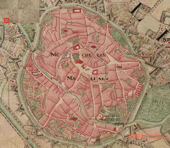 Figure 3: Mechelen on the Ferraris map, drawn in the late 18th century. The structure of the city centre remained largely unchanged. Source: www.kbr.be/en/the-ferraris-map