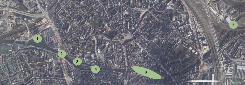 Figure 7: Satellite image of Mechelen with marks of the WATSUPS sites. (Source: Google Earth; editing: Johannes Riegler)