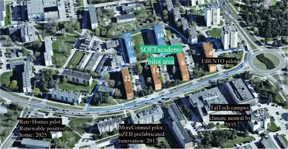  Project location map (in orange the buildings that are to be renovated, in blue reference buildings to be observed)