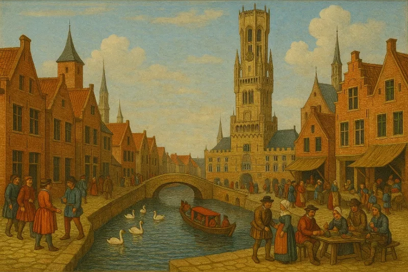 How life in Bruges might have looked in medieval times. The picture is AI-generated.