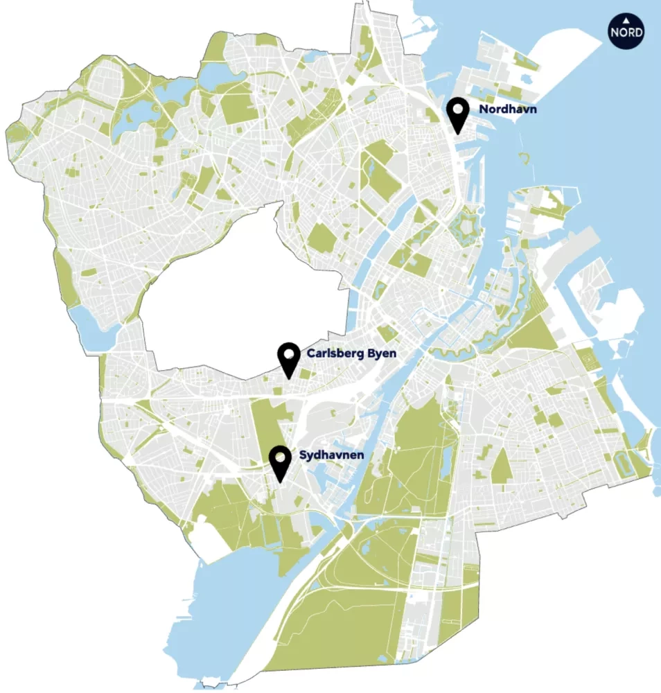 map of Copenhagen pinning the three target Aras: Nordhavn by the sea in the north-eastern part of the city, Carlsberg Byen south-west from the inner-city, and further south Sydhavn,.