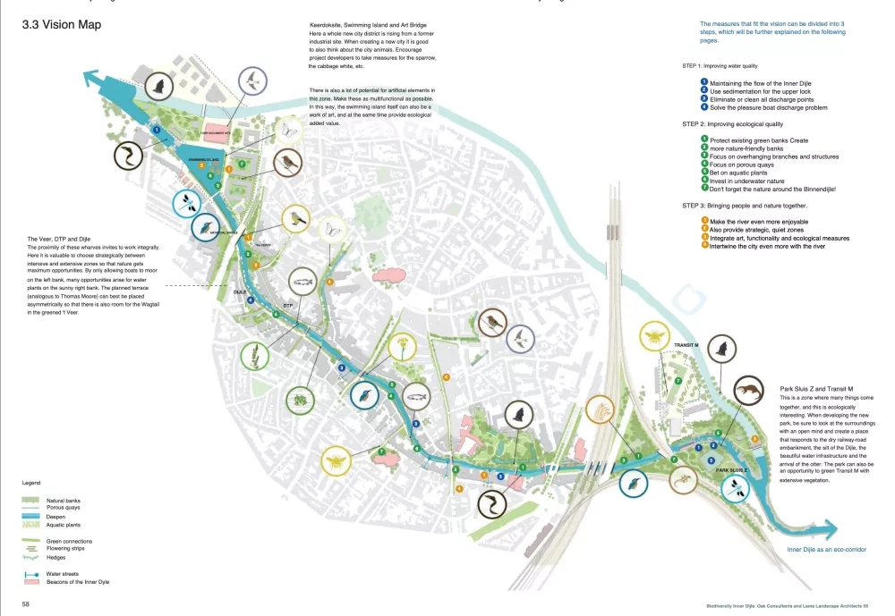 A map of the Binnendijle that shows the target species of the WATSUPS project in Mechelen