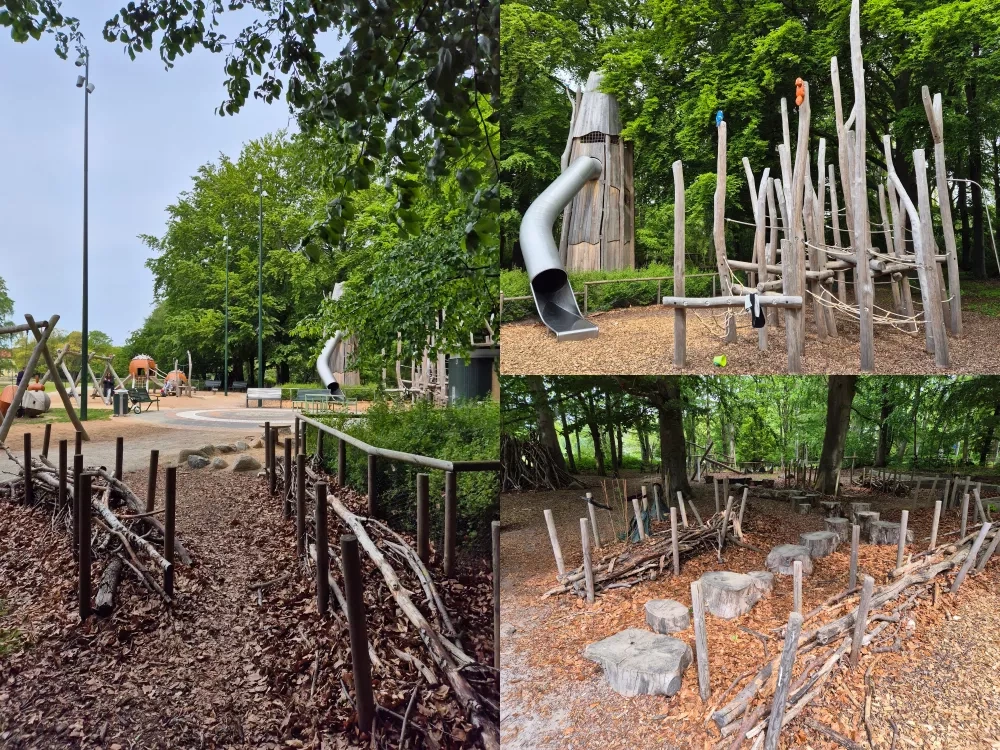Children naturally move from one playground element to the next—gradually leaving behind artificial materials and surroundings and ending up in the forest, playing with branches and leaves, climbing trees, and engaging directly with nature.