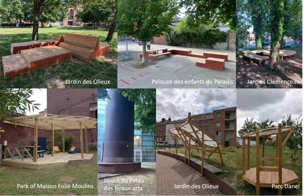 Time2Adapt’s experimental urban furniture, summer 2024 and 2025 © Time2Adapt