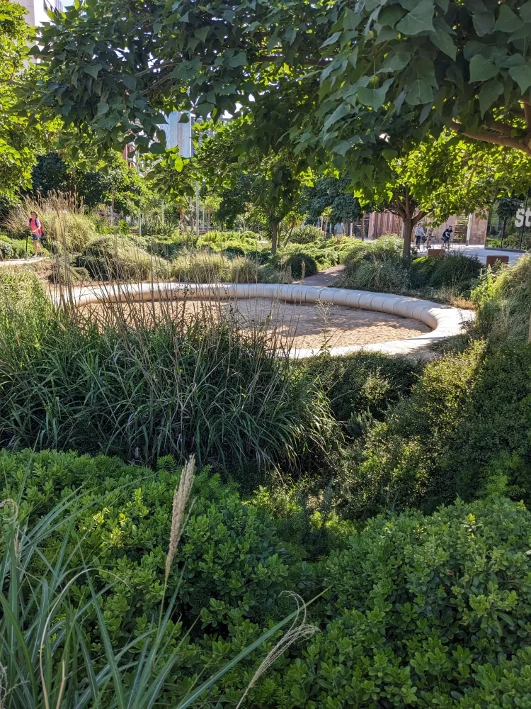 An open and vegetated climate shelter in Barcelona, Spain.