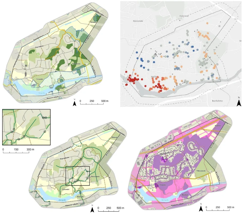 Key spatial maps used for analytical baseline in the Halinen area:  Clusters of activity categories (top right) from the Citizen Survey & Nature, Recreation and Outdoor Areas (top left), Ecological Corridors (bottom left) and Potential areas for pilot measures (bottom right) from the Baseline Ecological Study. 