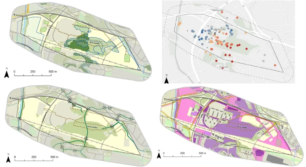 Key spatial maps used for analytical baseline in the Jyrkkälä area:  Clusters of activity categories (top right) from the Citizen Survey & Nature, Recreation and Outdoor Areas (top left), Ecological Corridors (bottom left) and Potential areas for pilot measures (bottom right) from the Baseline Ecological Study. 