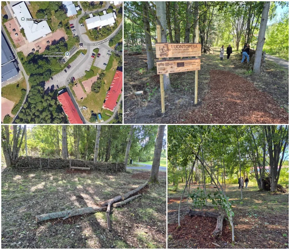 Location (top left) and the entrance to the Nature Nest pilot area in Halinen (top right), and two pictures of a biodiversity rich forest playground (bottom) (Photo: Klemen Strmšnik & Google Maps).