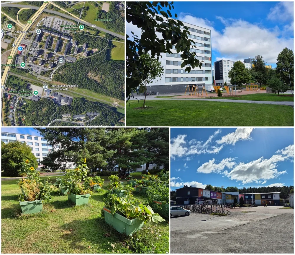 Location (top left) and the current situation before intervention in Jyrkkälä (top right and bottom right), and the urban community gardening pilot site (bottom left) (Photo: Klemen Strmšnik & Google Maps). 