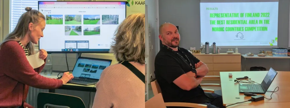 Left: Artificial intelligence served as a good and novel way to help residents participate (photo: Selina Raunio); Right: We must never underestimate the importance of local actors - Lauri Ahonen, Jyrkkälä Housing Company CEO (Photo: Klemen Strmšnik).     