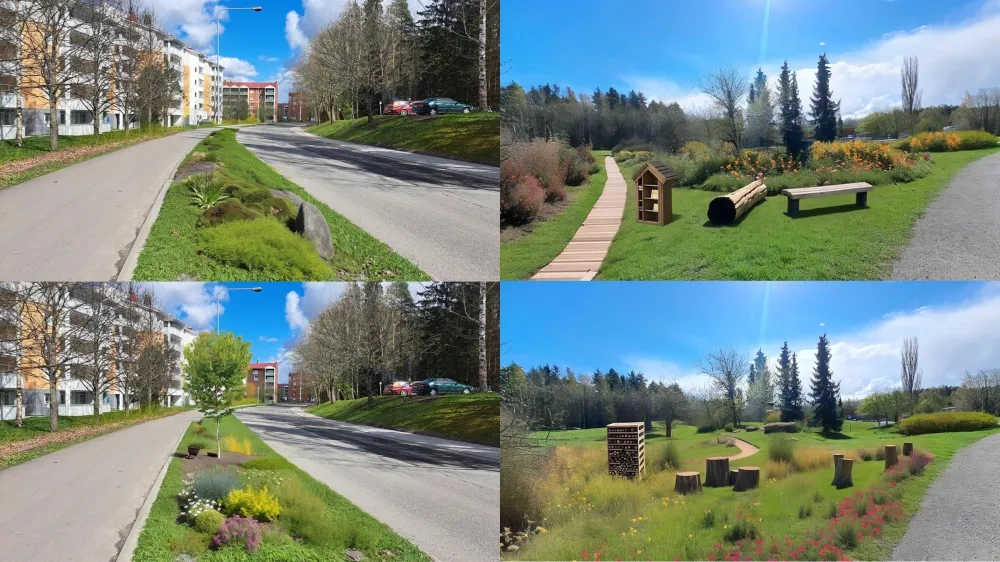 Visualization of urban biodiversity enhancement measures produced by AI visualization tool UrbanistAI during workshops with stakeholders - planned for implementation in Halinen (Photo: Project Photo Library).