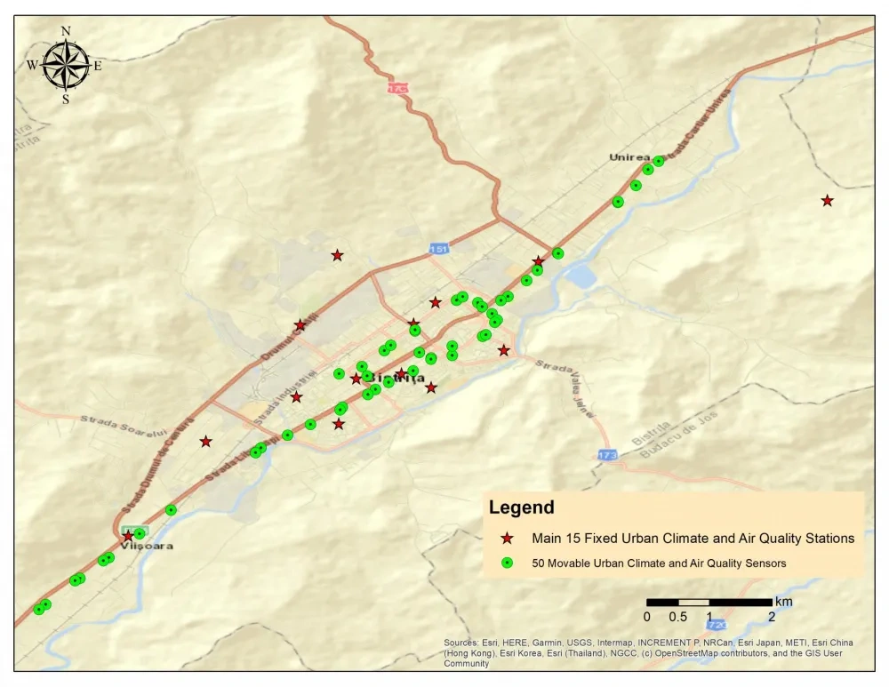Map of fixed and mobile sensors for monitoring air quality and urban climate