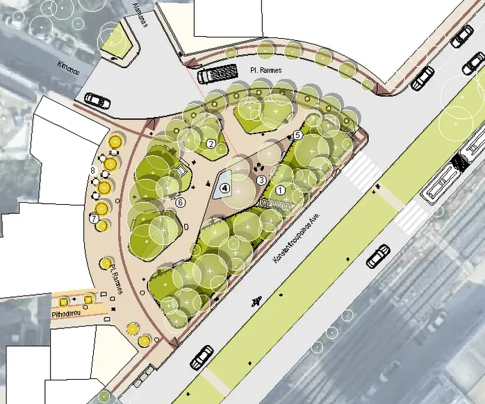 Picture 1: Co-designing intervention in Kolonos, Athens (Ramnes square, design proposal by ensphere). Source: Cooling Havens project. 
